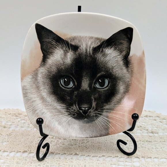 Vintage Crown Staffordshire Porcelain Trinket / Tidbit Dish with Siamese Cat - Picture 1 of 6